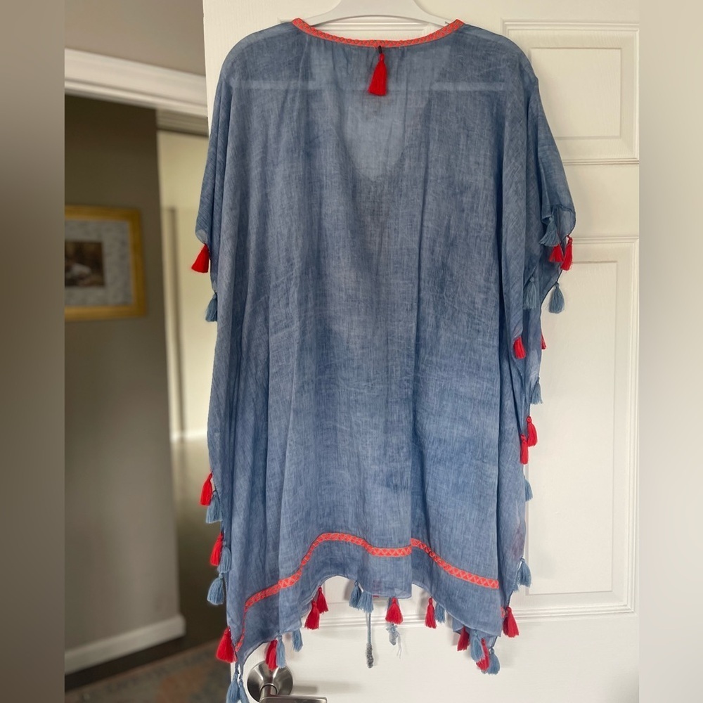 Z & L Europe Poncho 100% Cortton Blue and Pink Tassle Boho Euro Swim Cover Up - Picture 5 of 9